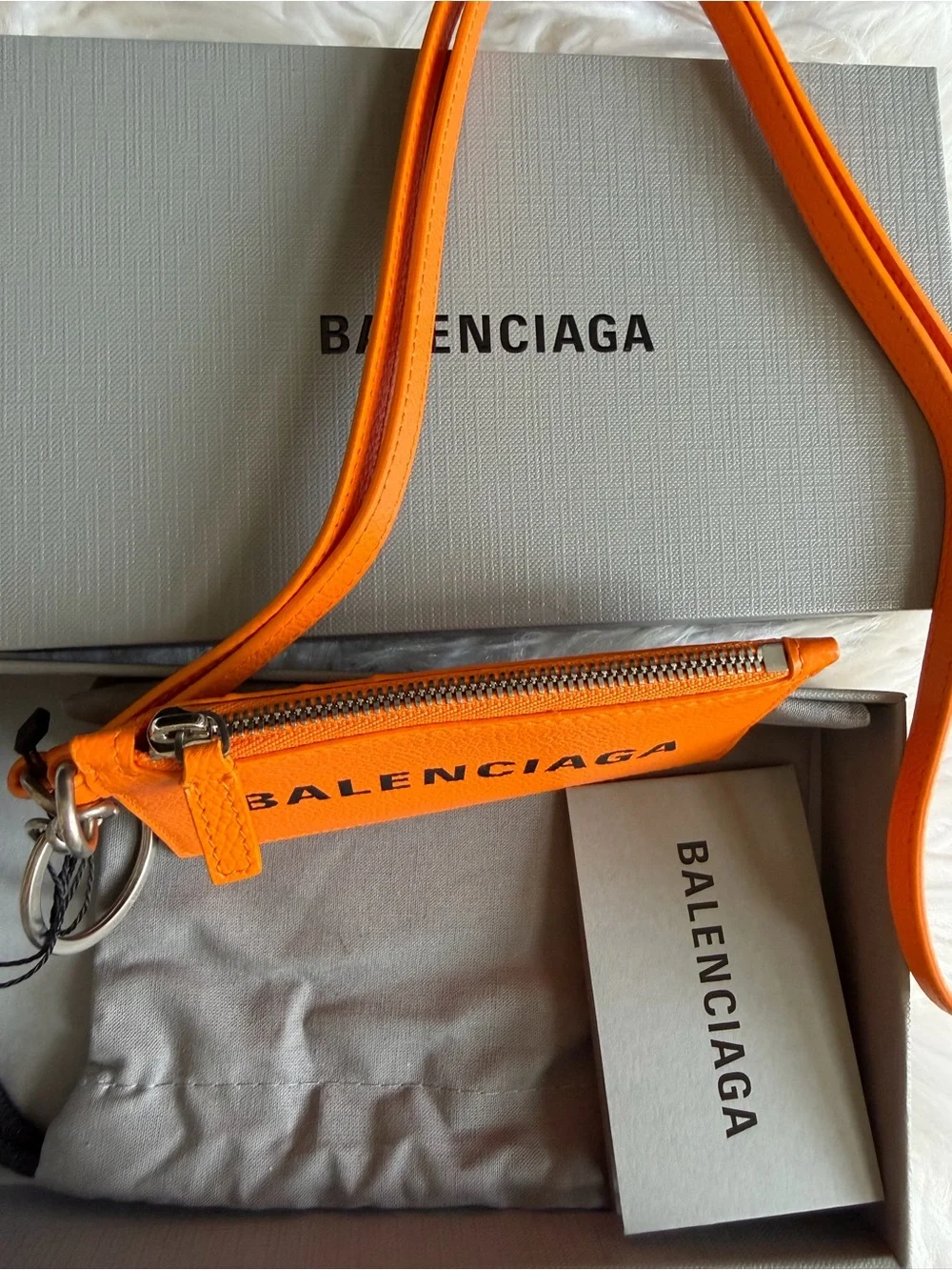 Balenciaga Orange Leather Logo Keyring Card Holder Crossbody Detachable
